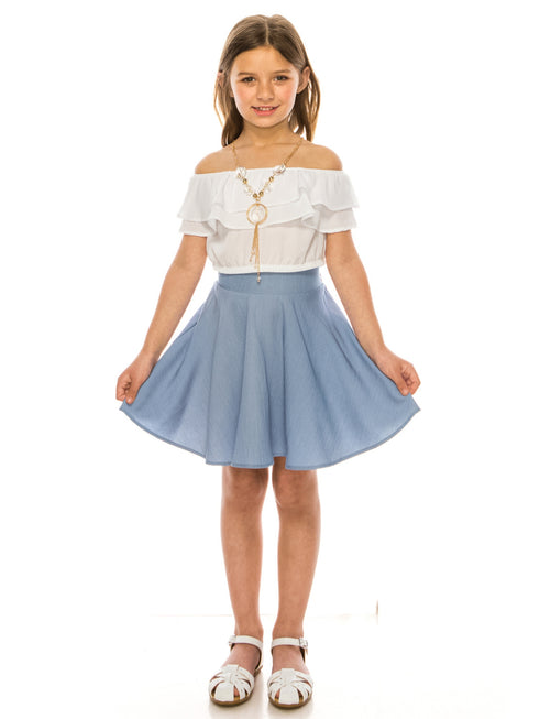 Just Kids Girls Ruffle Off Shoulder Top Denim Skirt 2 Piece Outfit with Necklace, Sizes 4-14 - SophiasStyle.com